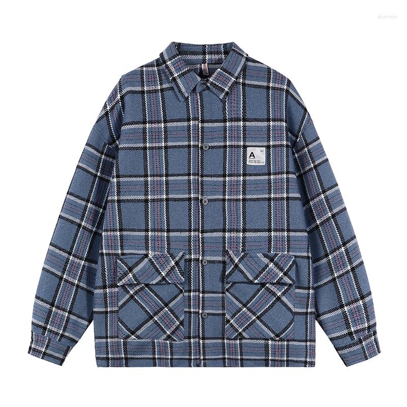 

Men's Casual Shirts Spring Vintage Plaid Men Button Blouse Fashion Korean Streetwear Causal Long Sleeved Clothing Tops Male Female Plus Size, Blue