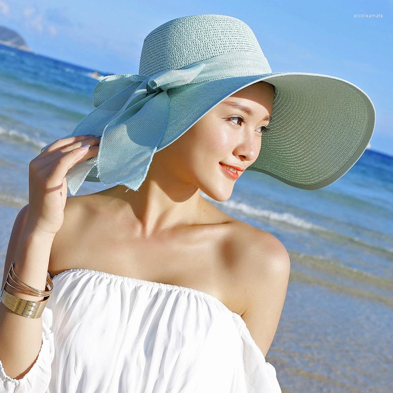 

Wide Brim Hats 2023 Summer Women Straw Hat Bowknot Floppy Panama Female Lady Outdoor Foldable Beach Sun Cap Uv Protection, Yellow