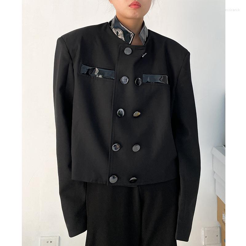 

Women's Suits SuperAen Korean Short Suit Jacket Loose Metal Buckle PU Leather Stitching Design Street Shoulder Pad Women, Black