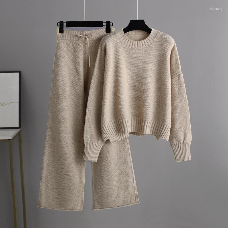 

Women's Two Piece Pants Korean Style 2 Pieces Sweater Set Women Tracksuit O-Neck Loose Trousers Chic Pullover Knitted Wide Leg, Black