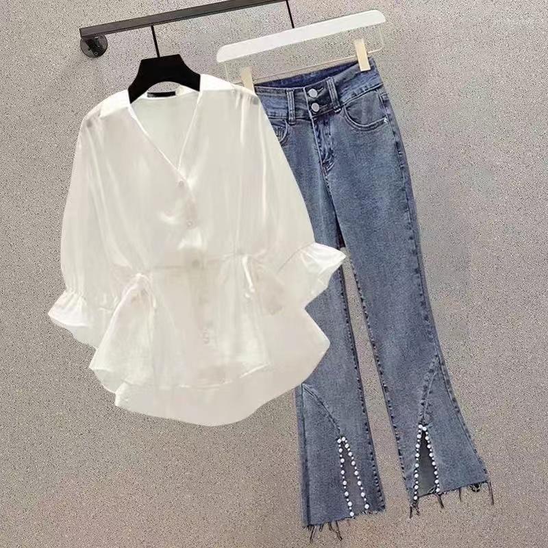 

Women's Two Piece Pants Summer Fashion Wear Suit Women's 2023 Design Micro Flared Jeans Shirt Short Sleeve Casual Two-piece Set