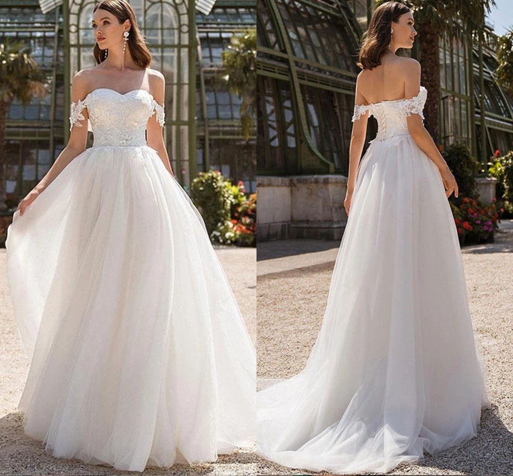 

Sexy Off The shoulder A Line Wedding Dresses For Women Lace Appliqued Tulle A Line Plus Size Maternity Bridal Gowns Boho Beach Lace-up Back Vestidos De Novia CL2188, Coral