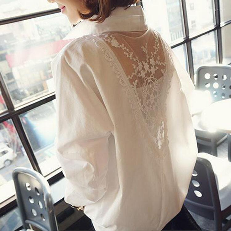 

Women' Blouses Sexy Lady See Through Lace Backless Spring Summer 2023 OL Commuter Women Girl Loose L Long-sleeved White Shirt Korean