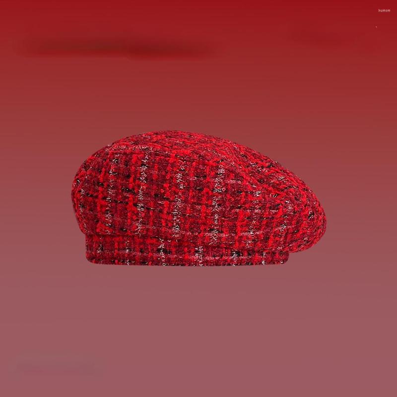 

Berets Christmas French Small Fragrance Retro Bright Silk Grid Beret Autumn Winter Female Sweet Lovely Casual Painter Hat For Year
