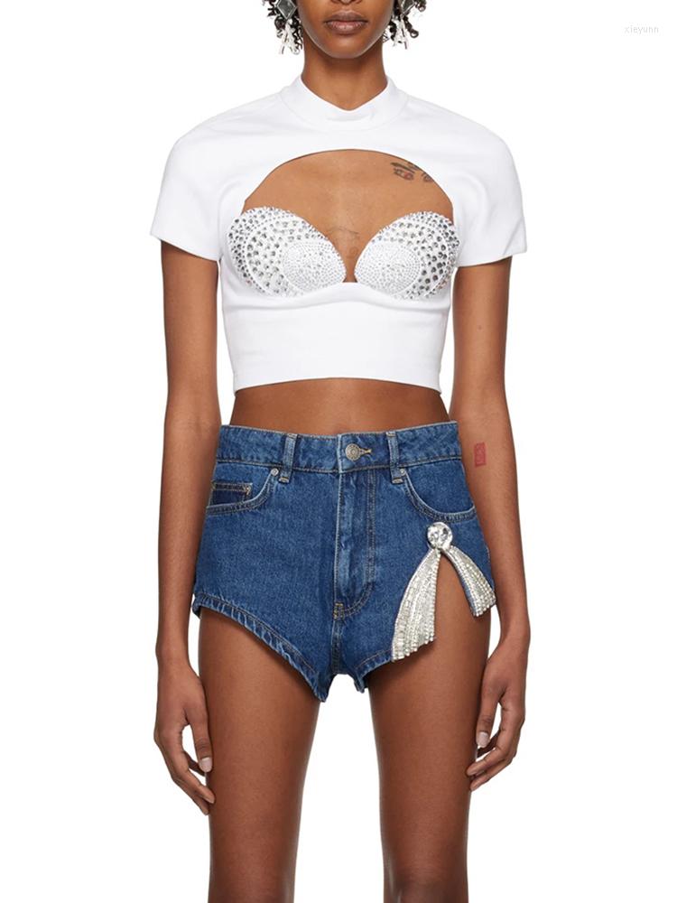 

Women's Shorts Heavy Work Open Fork With Diamonds Denim 2023 High Waist Hundred Slim Fashion Ladies Cotton Pants, Blue