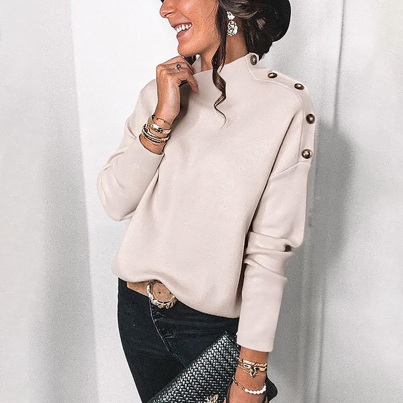 

Women' Blouses & Shirts Female Elegant Top Women Spring Autumn Long Sleeve Tops Loose Casual Mock Neck Solid Color With Buttons R5, Black