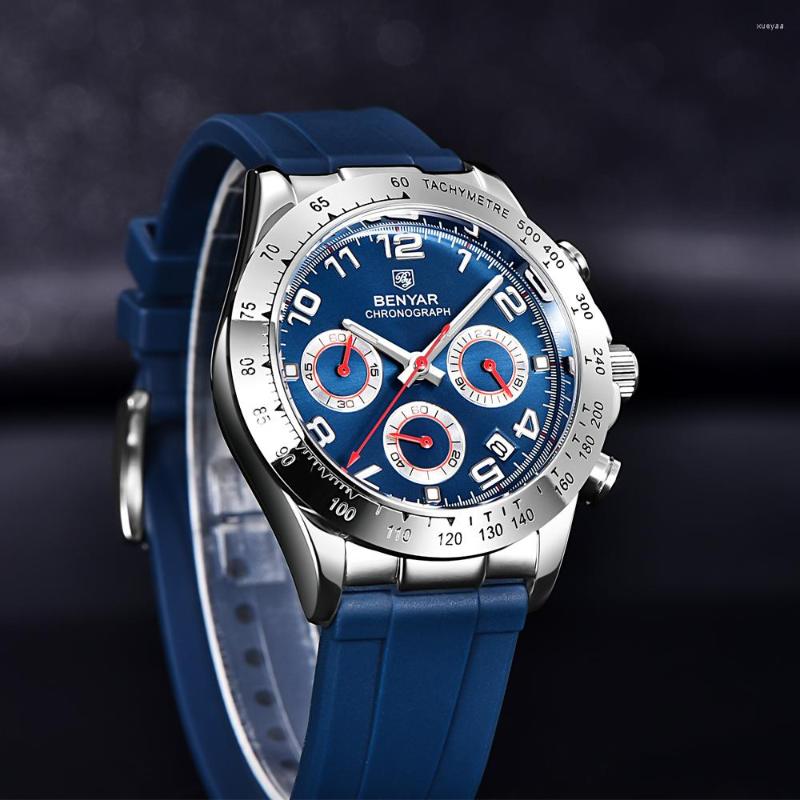 

Wristwatches BENYAR Luxury Stainless Stee Men Quartz Top Brand Chronograph 30M Waterproof Sports Watch For Reloj Hombre, White