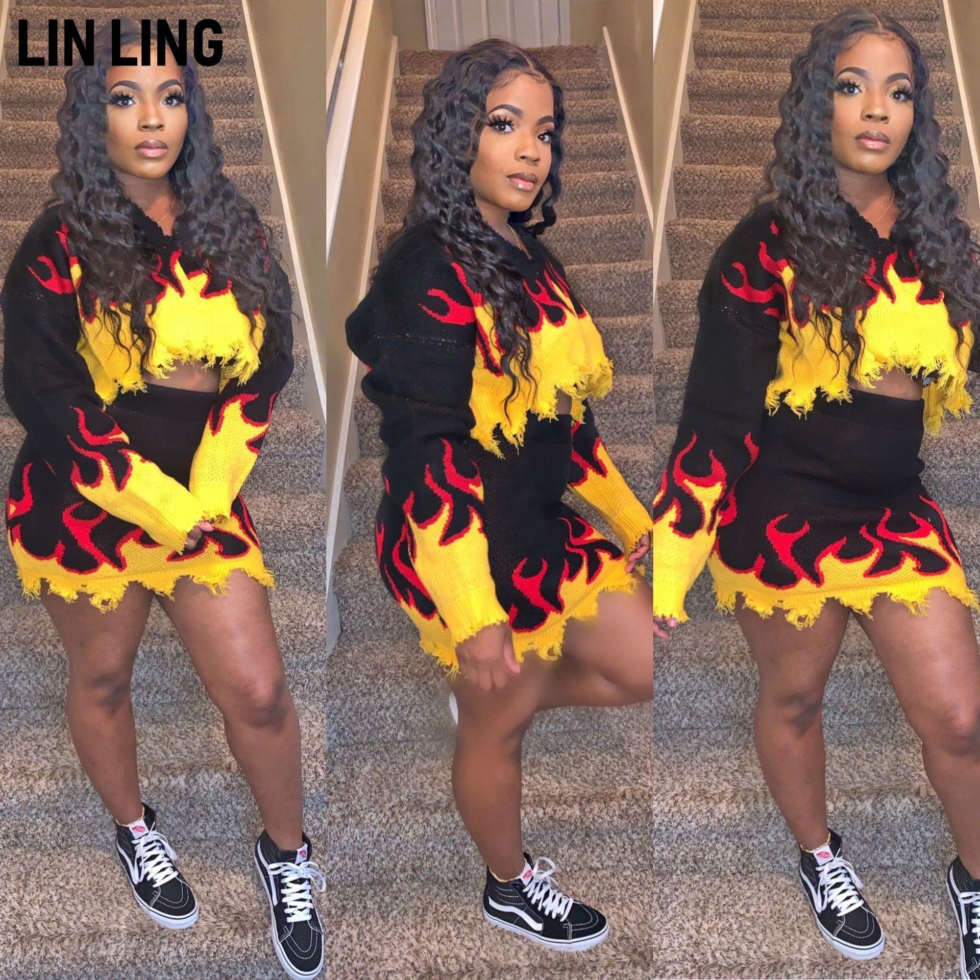 

Dress LINLING Irregular Stitching Vneck Flame Print Short Pullover + High Waist Sexy Skirt Matching Outfits, Black