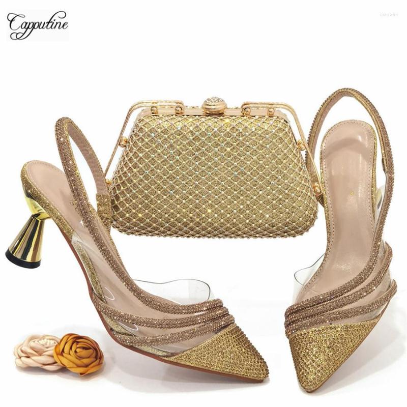 

Dress Shoes Latest Gold Match Woman And Purse Bag Set Italian Design Ladies Pumps With Clutch Handbag Luxury Sandals High Heels CR333