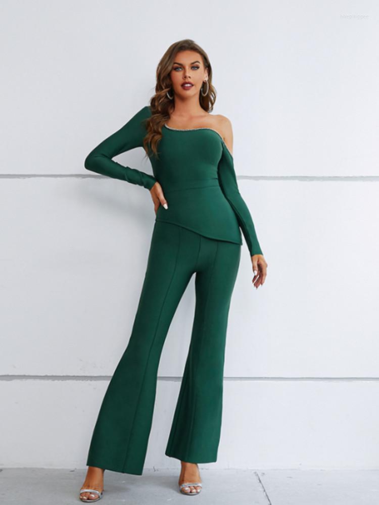 

Women's Two Piece Pants Clothing Set Sexy Green Bandage Pant Suits Slim Skinny High Street Tops Trousers Suit