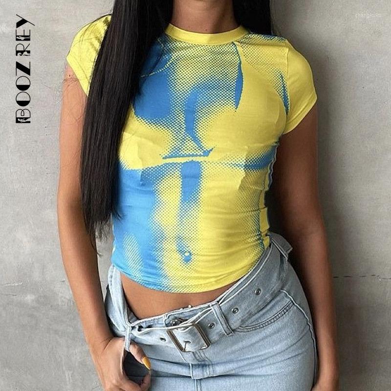 

Women's T Shirts BoozRey Trend Crop Tops Women Y2k Casual Skinny Short Sleeve O-Neck Aesthetic Print Tess Wild Streetwear Elastic Slim, Black