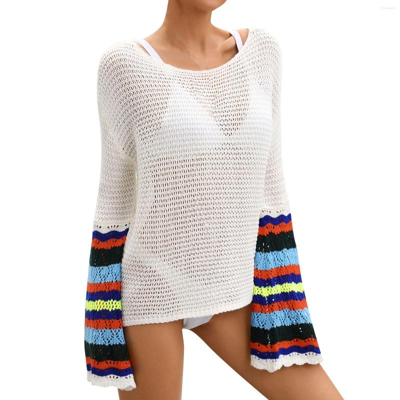 

Women's Swimwear Women Sexy Swimsuit Cover Up Striped Long Sleeve Knitwear Hollowed Out Sun Protection Beach Bikini Summer Blouse 4, White