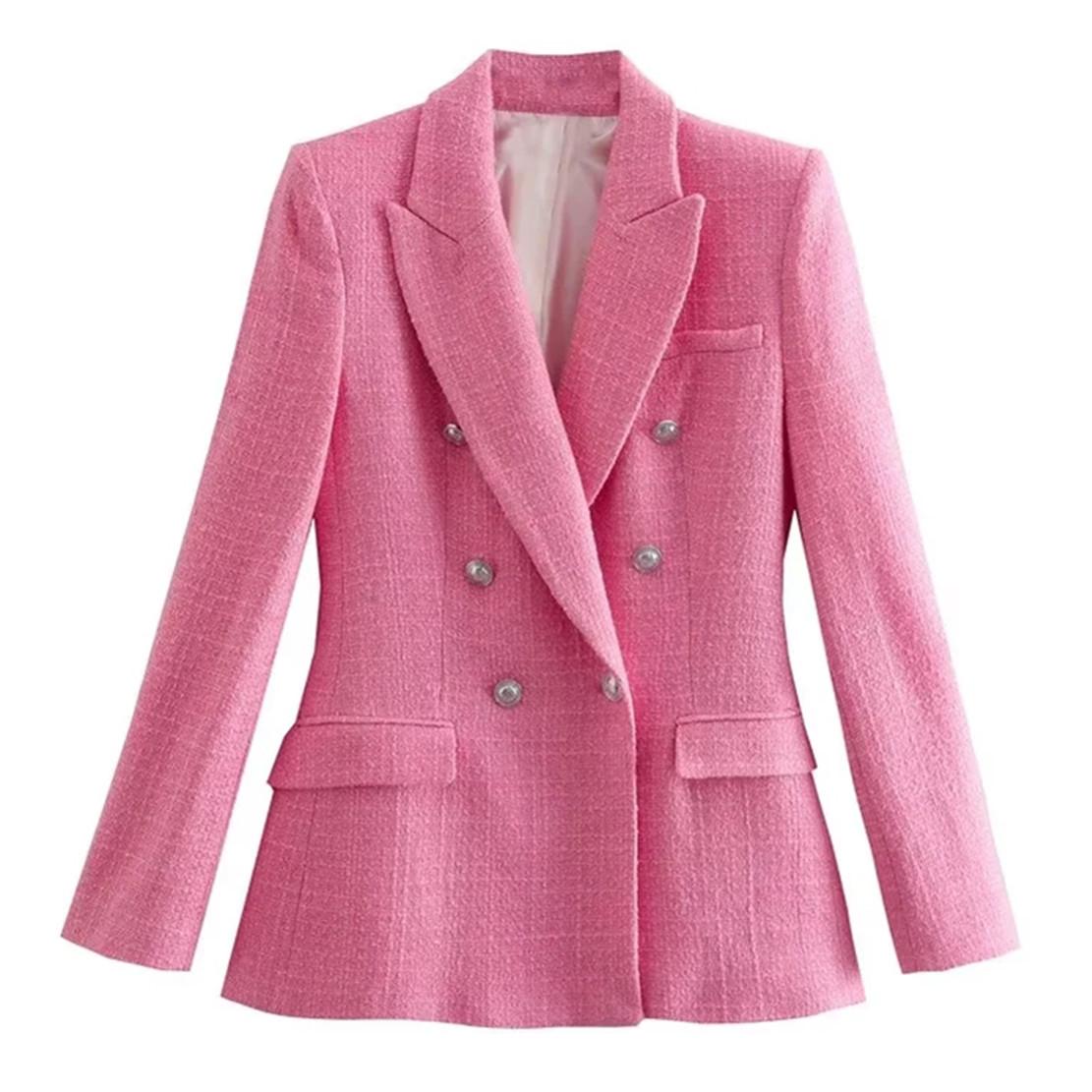

Pants Maxdutti Retro Texture Pink Color Double Breasted Casual Blazers Women England Style Fashion Jacket