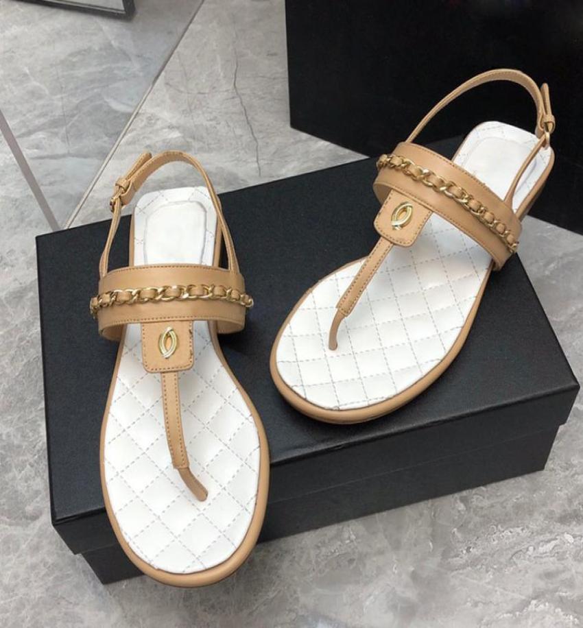 

Classic Womens Thong Sandals With Chain Faux Pearl Lambskin Flat Heels Slippers Quilted Texture Silver Metal Adjustable Ankle Buck5845308, Black