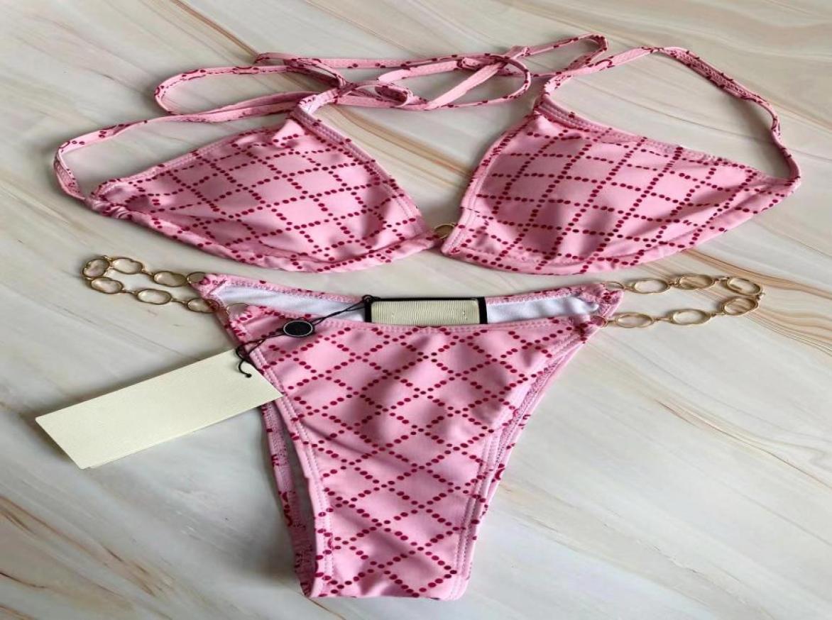 

2021 High Quality Swimsuit Metal Chain Bikini Set Women Fashion Point Bandage Sexy Cushion Belt Label7021611