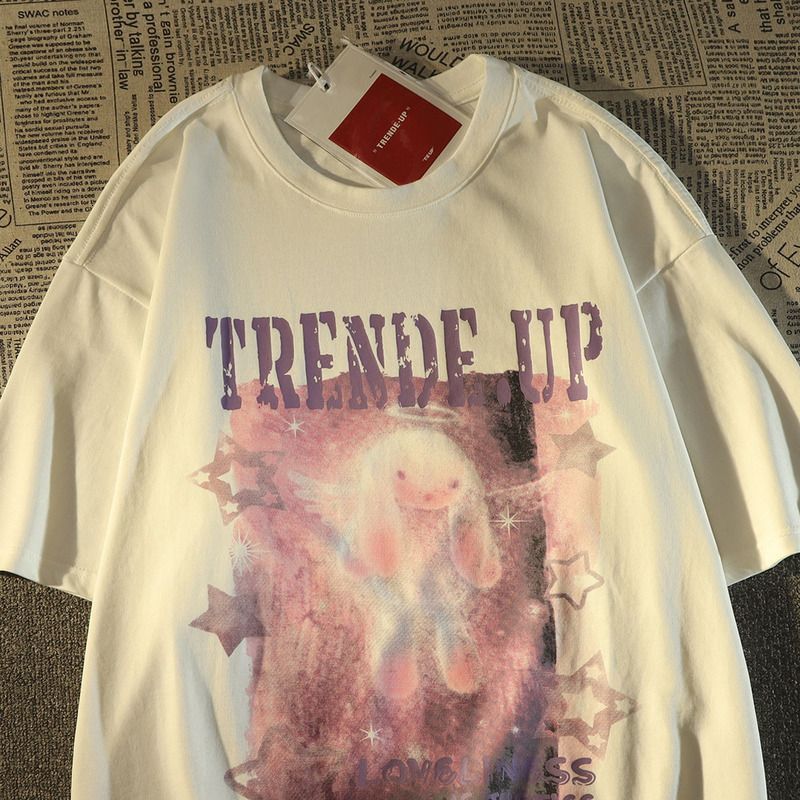 

Womens TShirt Vintage pink cute rabbit print Oneck shortsleeved tshirt women loose ins trend hiphop high street couple Tshirt summer 230420, Black