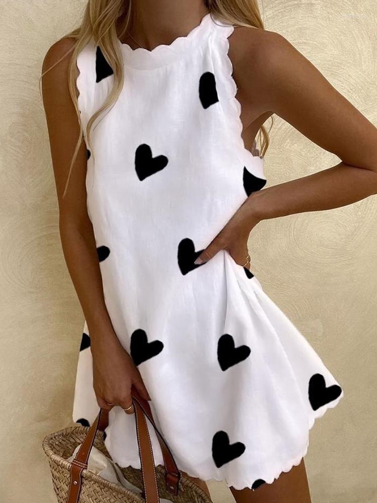

Casual Dresses Cute Summer Love Heart Print Scallop Collar Mini Dress Women' 2023 Sleeveless Elegant Loose Flowy Short Tunic, Ivory