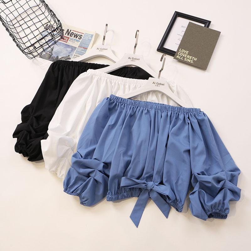 

Women's Blouses & Shirts Summer Women Puff Sleeve Slash Neck Basic Chiffon Ruffles Bandage Strap Bow Shirt Lady Short Elastic Pullover Chic, Women blouse shirts