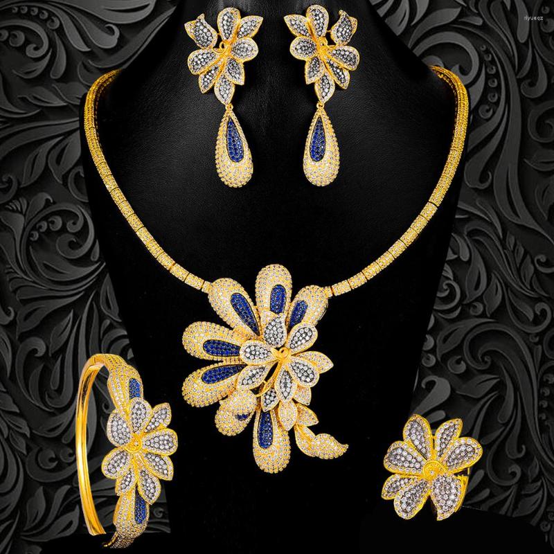

Necklace Earrings Set Missvikki Luxury Big Flower Trendy Bangle Ring Nigerian Dubai For Wedding Bridal Jewelry, Picture shown