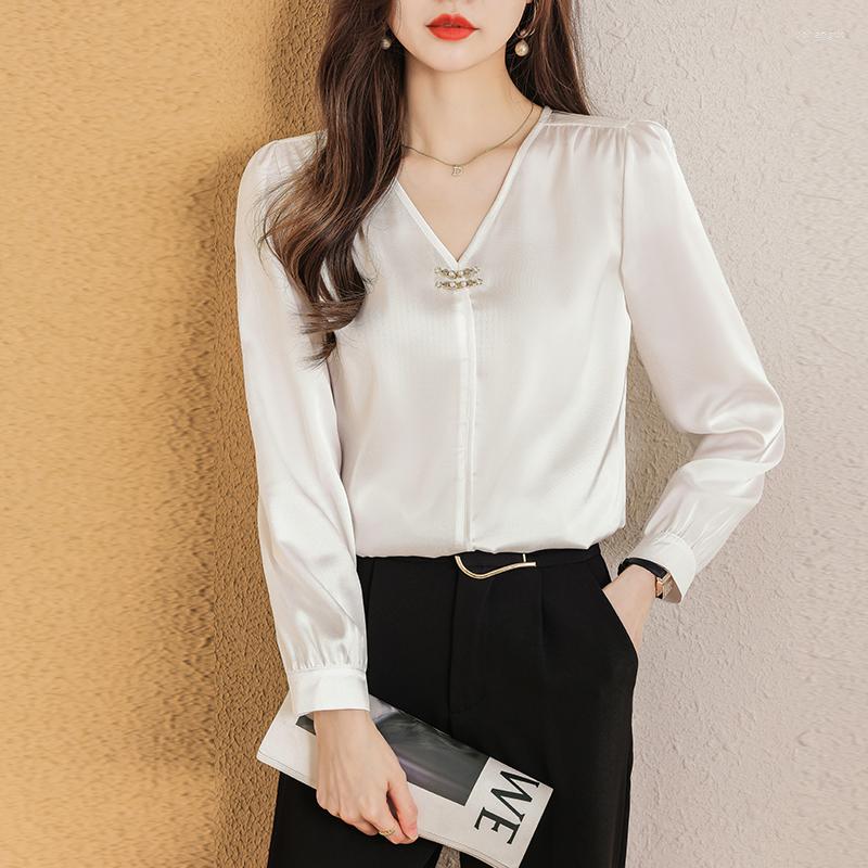 

Women' Blouses Satin Shirt For Women Summer 2023 In Solid Casual Loose Fashion Long Sleeve Silk Elegant Top V-neck, Green