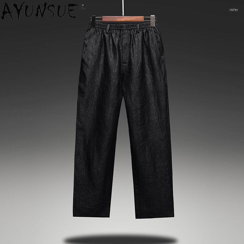 

Men's Pants Mulberry Real Silk Trousers For Men Casual Men's Clothing Elastic Waist High Straight Pantalones, Black