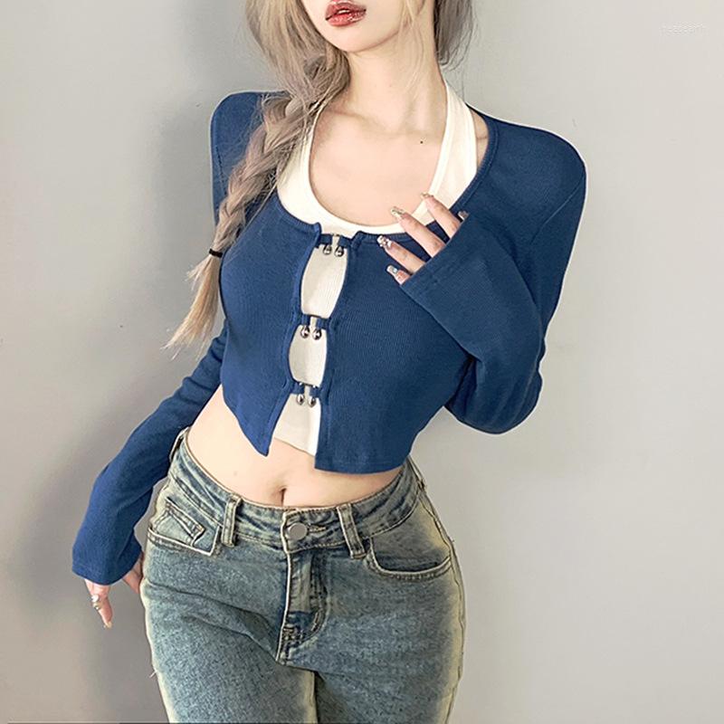 

Women' Knits Gentle And Girly Blue Long-sleeved Short Top Slim-fit Halter Neck With U-shaped Button Knitted Cardigan Two-piece Set