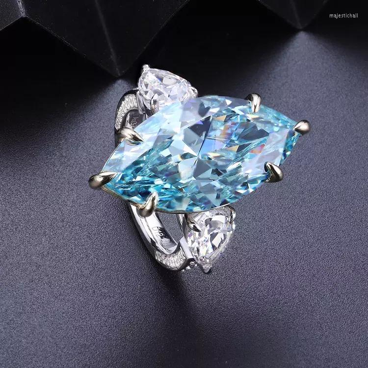 

Cluster Rings Luxury Style 12 Blue Diamond Ring 9K Solid Gold Statement Marquise Charm Jewelry Christmas Gift For Her Anillos