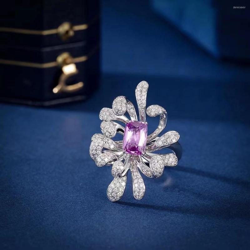 

Cluster Rings FIY Pink Sapphire Ring Real Pure 18K Natural Gemstones 1.070ct Diamonds Stone Female Holiday's Presents