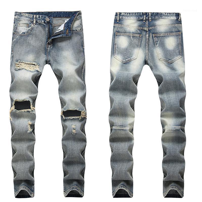 

Men's Jeans Torn Design Fashionable Knee Hole Straight Brand Motorcycle Cotton Pants Stretch Destruction, 9005