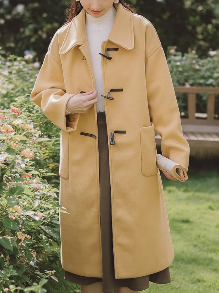 

Women' Wool & Blends Ailegogo Spring Autumn Women Vintage Horn Button Loose Warm Long Woolen Coat Casual Female Pocket Black Cotton Jacket