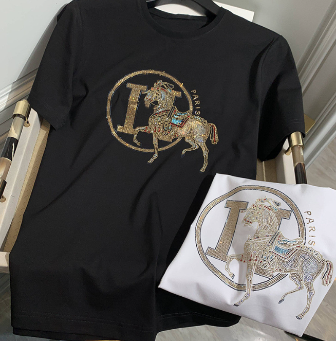 

Short-Sleeved Men's T-shirt Rhinestone Gold Zim Horse Trendy Thin Cool round Neck Mercerized Cotton Top Half Sleeve T-shirt, White