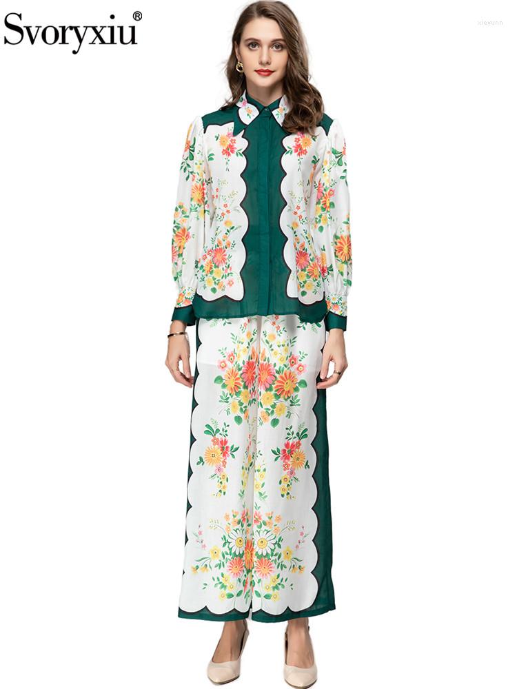 

Women' Two Piece Pants Svoryxiu High Quality Spring Summer Designer Vintage Print Trousers Suit Women' Turn-down Collar Shirt Coat, Multi