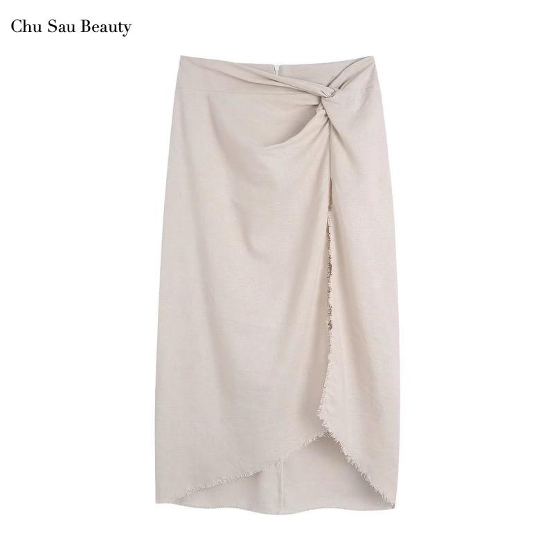 

Dresses 2022 New Za Women Solid Color Casual Skirt Fashion Sexy High Waist Knotted Asymmetric Side Split Hem Beach Resort Skirt, As picture