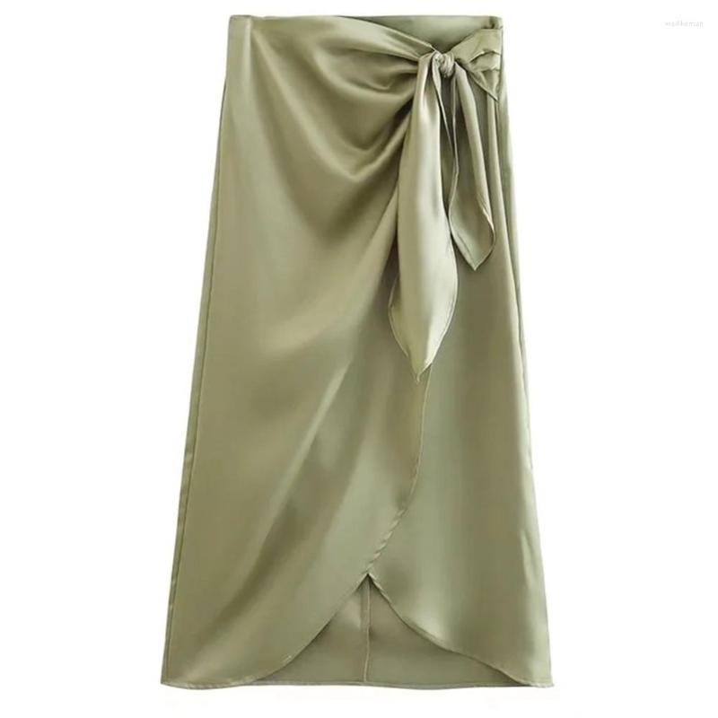 

Skirts Dave&Di 2023 England Style Office Lady Fashion Elegant Silk Satin High Waist Pleated Bow Straight Sarong Midi Skirt Women, Light green