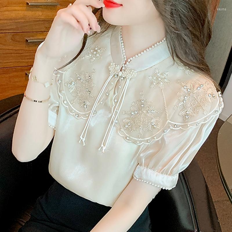 

Women' Blouses Summer Short Sleeve Satin Chiffon Shirt Blouse For Women 2023 Fashion Beaded Embroidery Lace High Grade And Unique Top, Beige