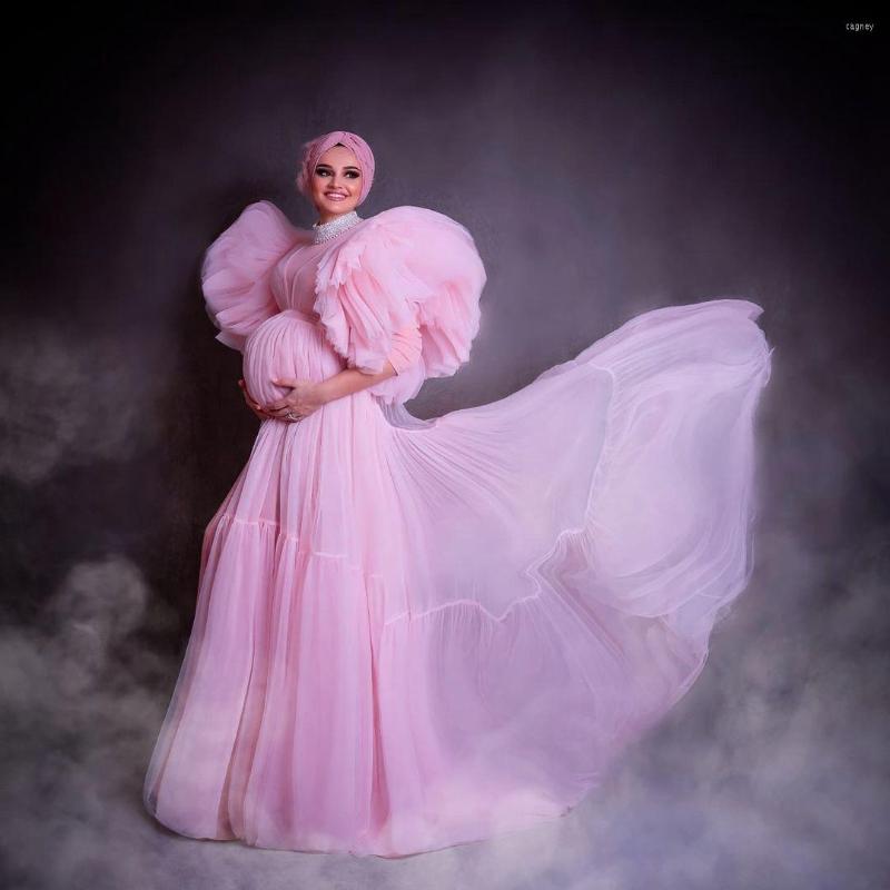 

Party Dresses Pink Tulle Maternity Robes Muslim Style For Po Shoot Puffy Shoulder Long V Neck With Lining Pregnany Gowns Evening Dress, Red