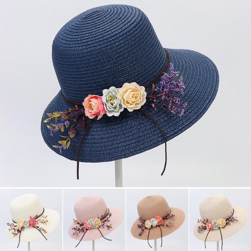 

Wide Brim Hats Artificial Flower Decor Round Dome Sun Hat Women Breathable Summer Floppy Straw Fashion Accessories, White