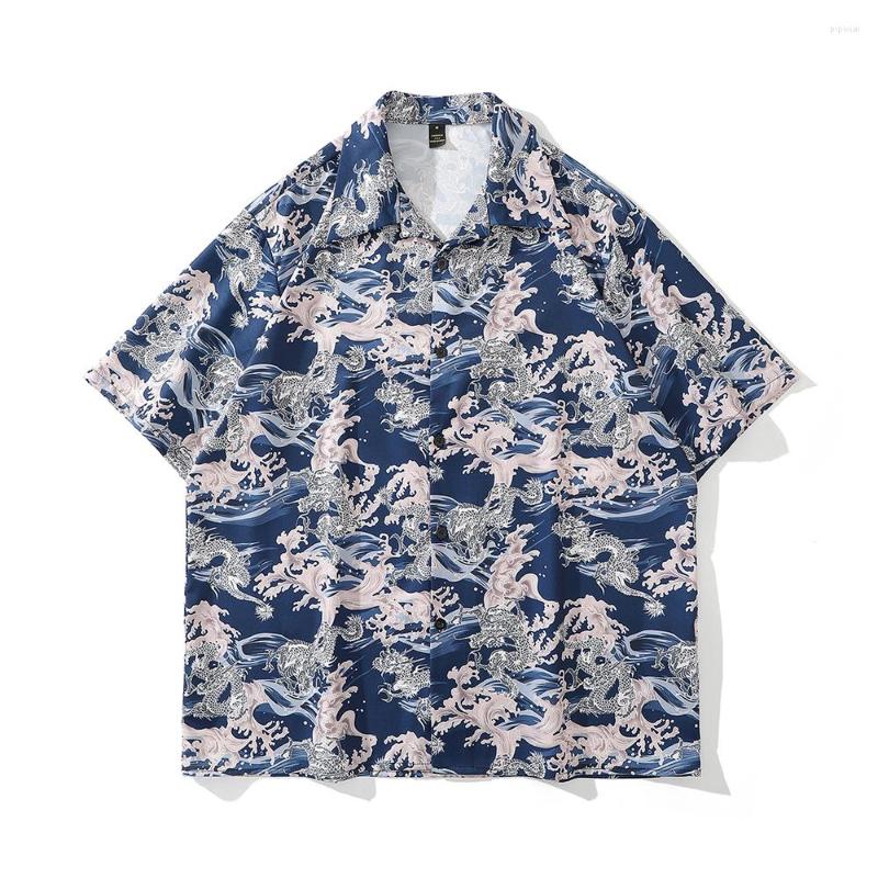 

Men's Casual Shirts Full Dragon Print Patchwork Short Sleeve Summer For Men Streetwear Oversized Ropa Hombre Vintage Hawaiian Beach Clothes, Blue