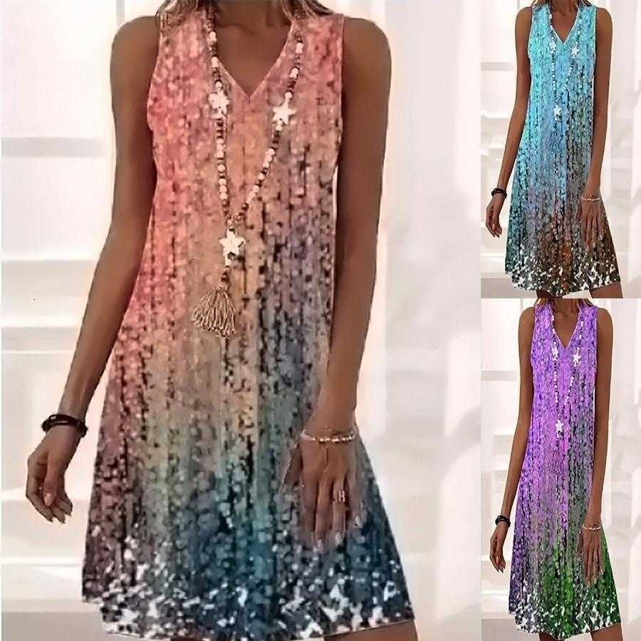 

Womens Clothing Loose Dress Sleeveless Printed Casual V Neck, Orange-red