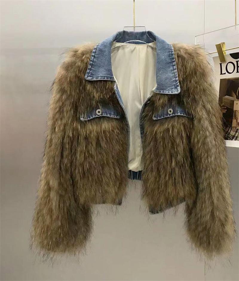 

Fur Fashion Ladies Real Fur Jacket Single Breasted Denim Patchwork Natural Raccoon Fur Coat Women, As picture