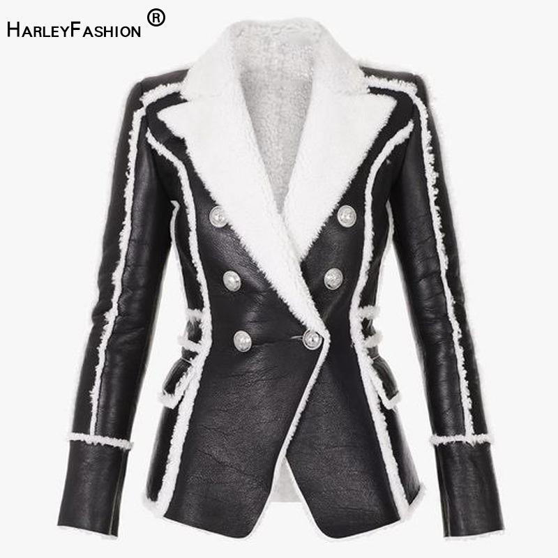 

Pants HarleyFashion Women Elegant New Design Winter Autumn Warm Black PU Leather Blazer Silver Buttons Woolen Slim Casual Jackets