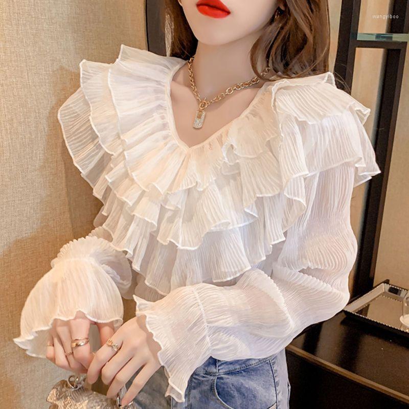 

Women's Blouses Blouse Women Temperament Shirt Long Sleeve V-Neck Top Solid Casual Ruffled Chiffon WomenTops, Pink