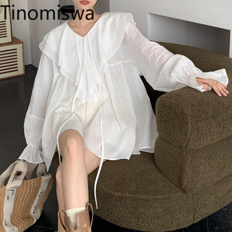 

Women's Blouses Tinomiswa V Neck Full Sleve Women Solid Color Loose Tops Femme Elegant Korean Style Long Chiffon Shirt Female Blusas, White