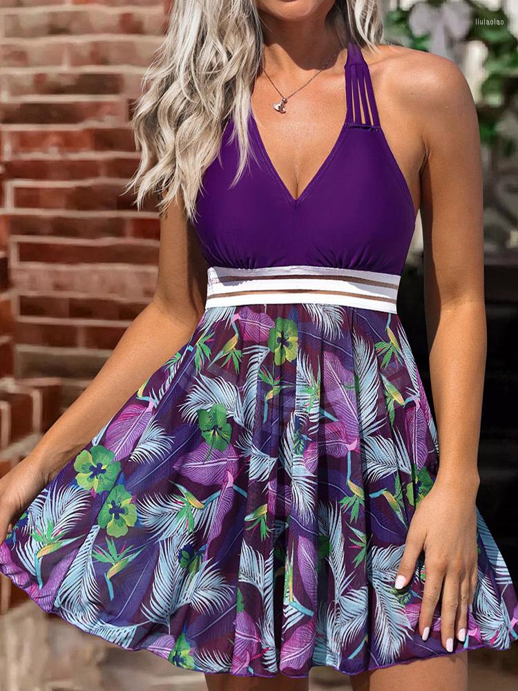 

Casual Dresses Women Floral Palm Leaf Hollow Out Mini Ruffle Dress Summer Halter Swing Skater Sundress Backless Beach Swimwear Cover Up