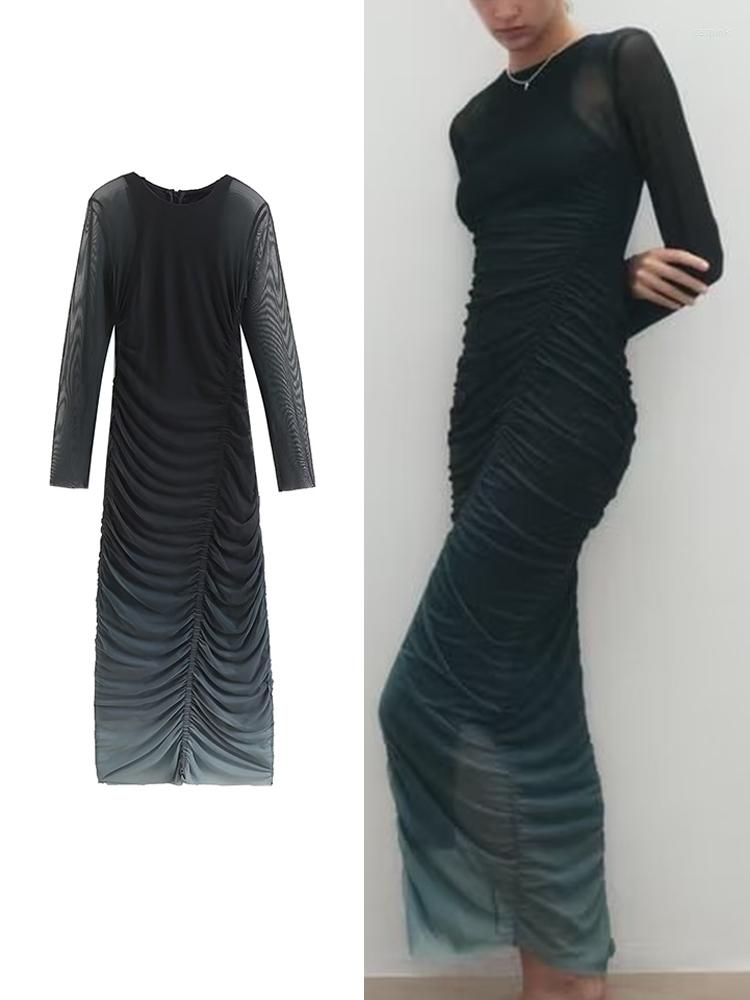 

Casual Dresses Est 2023 Spring Summer Folds Tulle Vintage Elegant Party Sheath Mid-Calf Dress Long Sleeve O-neck Vestidos