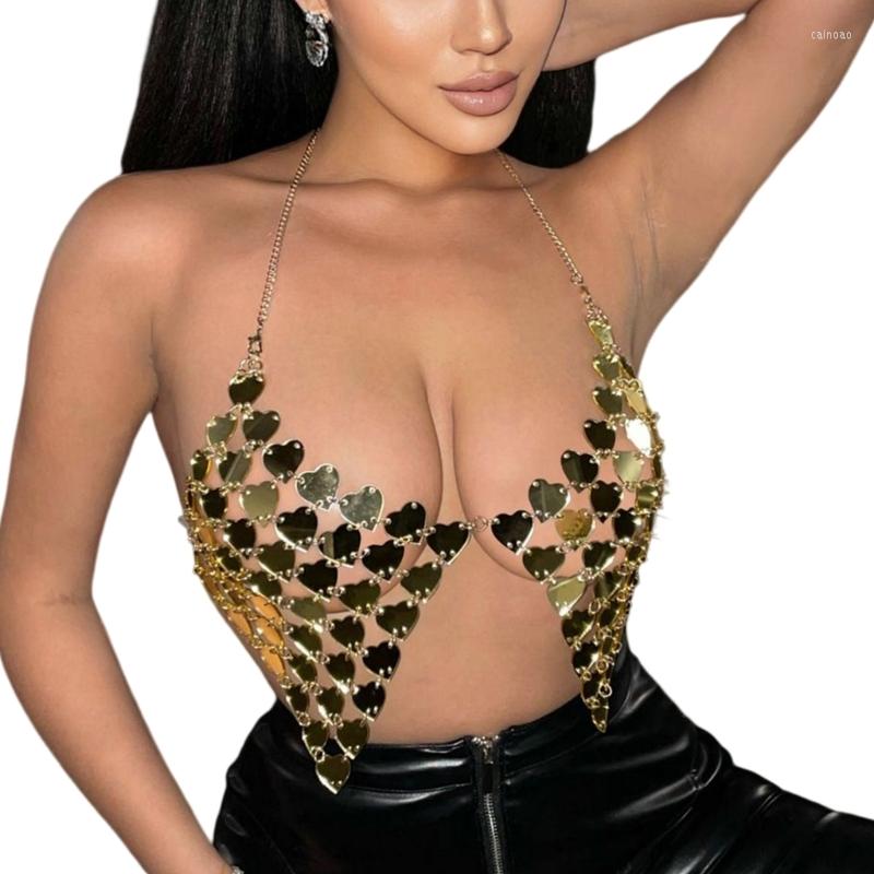 

Women's Tanks M2EA Womens Glitter Heart-Shaped Sequins Bikini Bras Halter V-Neck Body Chain Jewelry Camisole Crop Top Party Clubwear, Gold