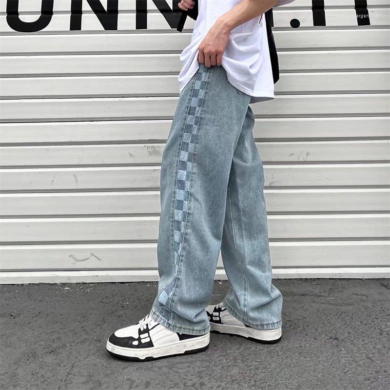 

Women' Jeans High Street American Checkerboard Stitching Fried Hip-hop Couple Vibe Mopping Long Pants, Light blue