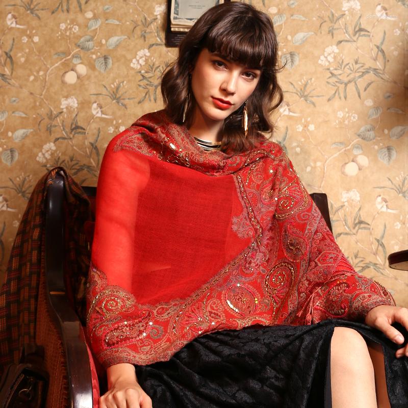 

Scarves Merino Wool Scarf Women Nepal Big Shawl Cashew Pattern Pashmina Autumn Winter Ethnic Hand-embroidered Cheongsam Red
