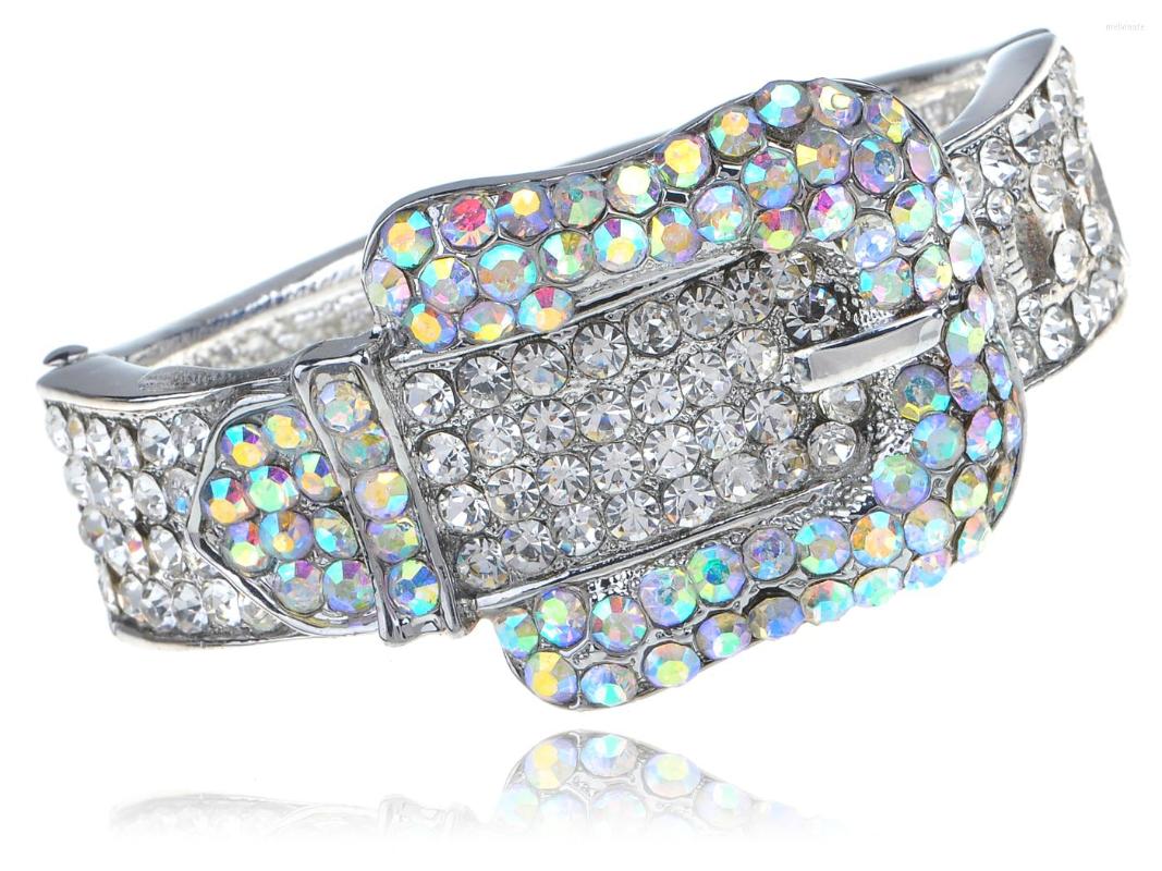 

Bangle Silvery Tone Iridescent Clear Crystal Colored Rhinestones Belt Buckle