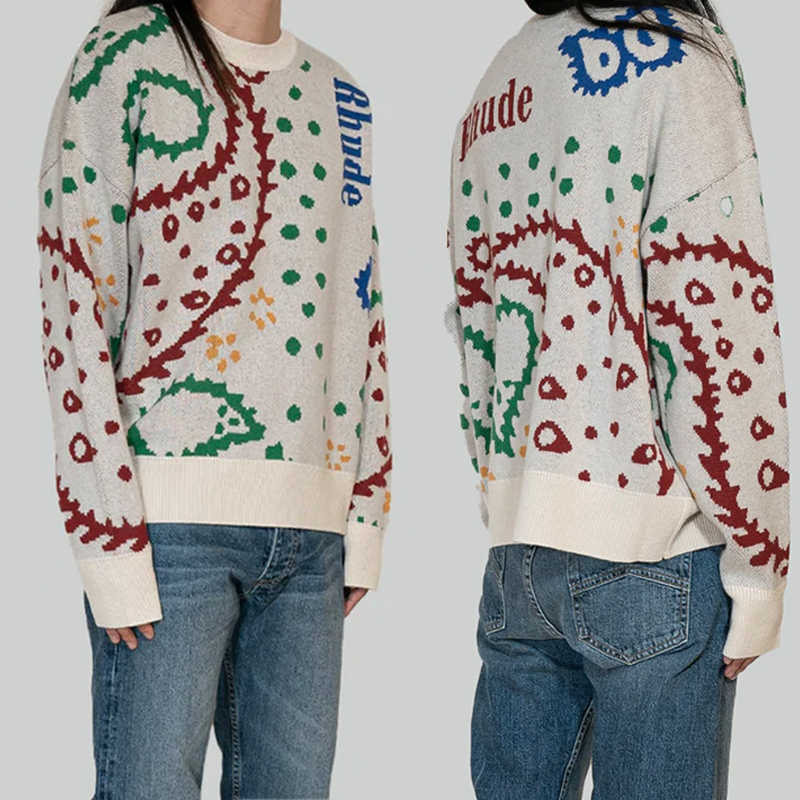 

Designer Clothing Hoodies Fashion Sweatshirts RHUDE Cashew Flower Knitted Vintage Jacquard High Street American Trend Brand Autumn Pullover Sweater Men Hip hop, Shipping fee